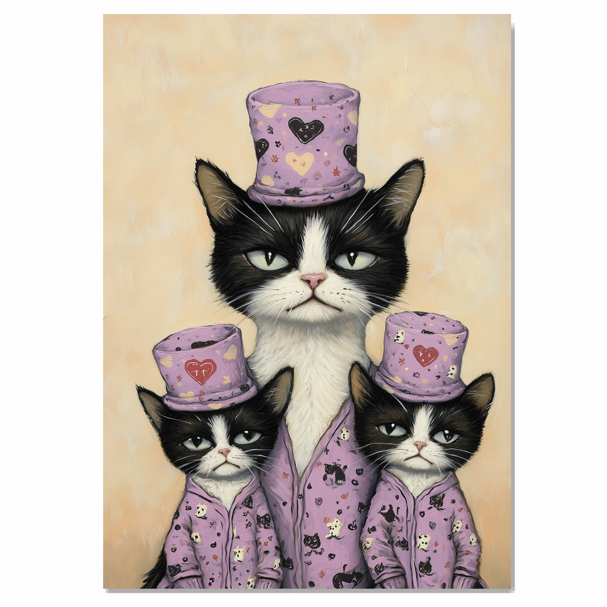 Mother Texudo Cat with Kittens in Blue Outfits Holding Hearts Vintage Style Artwork for Cat Lovers on Ready to Hang 1.5" Thick Canvas Wrap, Floating Framed Canvas, Flat Rolled Canvas