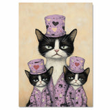 Mother Texudo Cat with Kittens in Blue Outfits Holding Hearts Vintage Style Artwork for Cat Lovers on Ready to Hang 1.5" Thick Canvas Wrap, Floating Framed Canvas, Flat Rolled Canvas