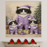 Tuxedo Cat Family in Lavender Pajamas and Santa Hats Surrounded by Christmas Gifts and Tree in a Calm Snowflake-Filled Holiday Scene