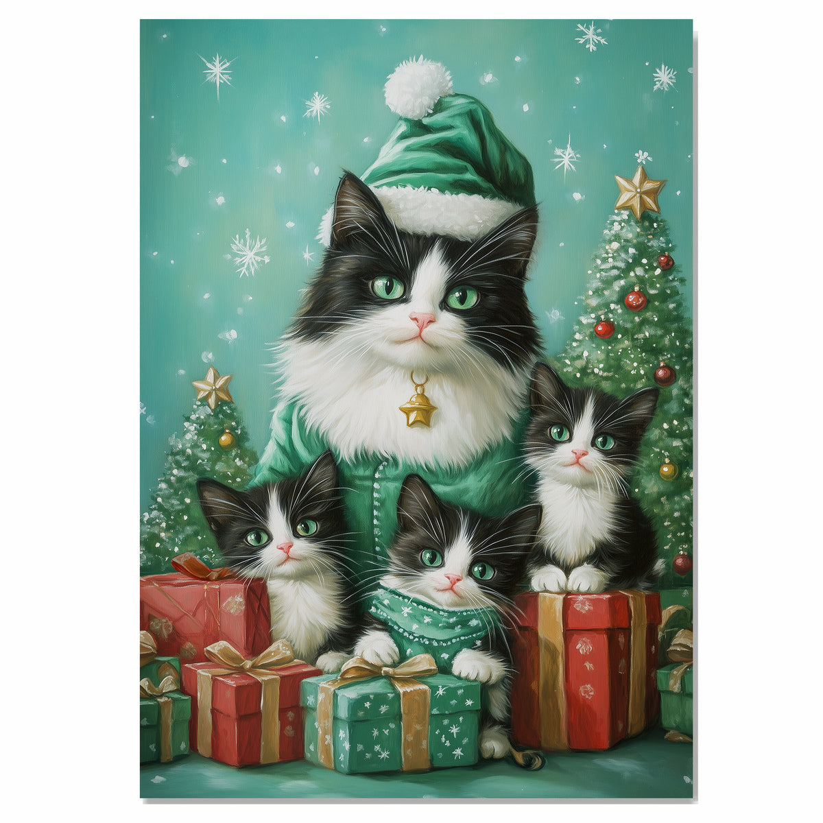 Tuxedo Cat Family in Light Blue Winter Coats and Hats Surrounded by Gifts and Snow-Covered Trees in a Magical Holiday Scene with Festive Spirit