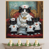 Mother Cat and Kittens Dressed as Nurses in White Outfits with Hats and Red Scarves Black and White Tuxedo Cats on Ready to Hang 1.5" Thick Canvas Wrap, Floating Framed Canvas, Flat Rolled Canvas
