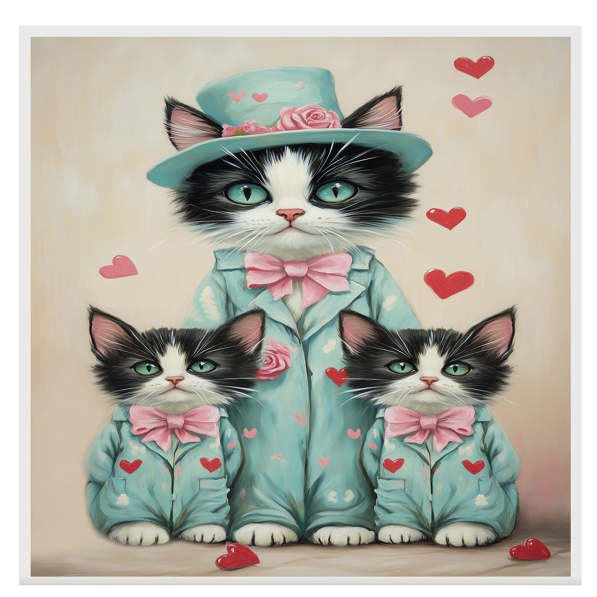 Charming Mother Cat with Kittens in Pink Floral Outfits Whimsical Tuxedo Cat Art for Nursery and Cat Lovers on Ready to Hang 1.5" Thick Canvas Wrap, Floating Framed Canvas, Flat Rolled Canvas