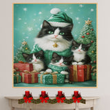 Tuxedo Cat Family in Light Blue Winter Coats and Hats Surrounded by Gifts and Snow-Covered Trees in a Magical Holiday Scene with Festive Spirit