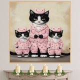 Colorful Oil Painting of Texudo Cat Family in Rainbow Outfits with Roses and Hearts for Cat Lovers and Whimsical Art Enthusiasts on Ready to Hang 1.5" Thick Canvas Wrap, Floating Framed Canvas, Flat Rolled Canvas