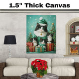 Tuxedo Cat Family in Light Blue Winter Coats and Hats Surrounded by Gifts and Snow-Covered Trees in a Magical Holiday Scene with Festive Spirit