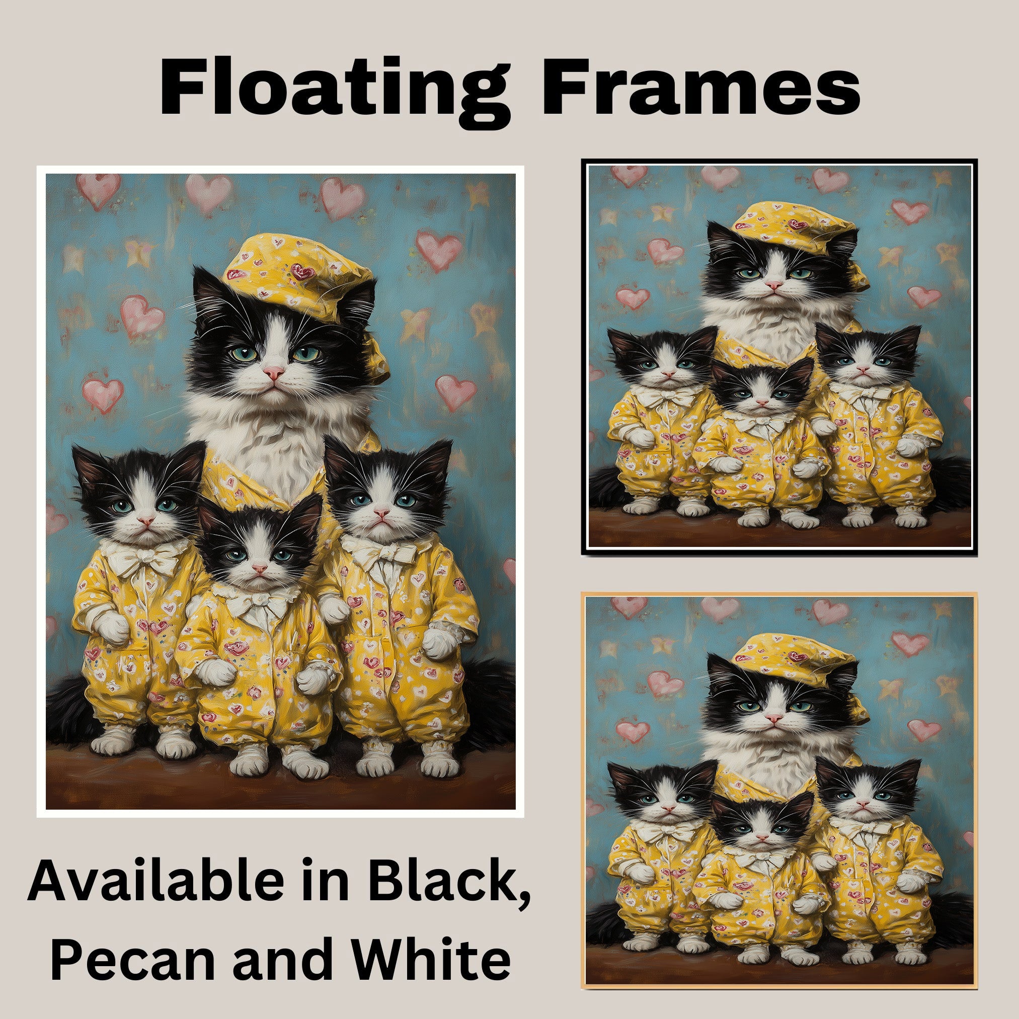 Elegant Oil Painting of Mother Cat and Kittens in Heart Outfits with Floral Hat on Warm Background for Cat Lovers and Pet Fans on Ready to Hang 1.5" Thick Canvas Wrap, Floating Framed Canvas, Flat Rolled Canvas