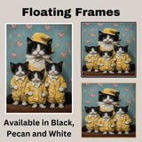 Elegant Oil Painting of Mother Cat and Kittens in Heart Outfits with Floral Hat on Warm Background for Cat Lovers and Pet Fans on Ready to Hang 1.5" Thick Canvas Wrap, Floating Framed Canvas, Flat Rolled Canvas