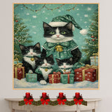 Tuxedo Cat Family in Green Holiday Outfits with Bells Surrounded by Christmas Trees and Gifts in a Snowy Festive Scene Full of Cheer
