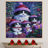 Tuxedo Cat Family in Red and Purple Santa Hats Surrounded by Gifts and Christmas Trees in a Vibrant Holiday Scene Full of Festive Lights and Cheer