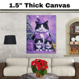 Tuxedo Cat Family in Yellow Starry Capes and Santa Hats Surrounded by Gifts and Christmas Tree in a Festive Holiday Scene Full of Cheer
