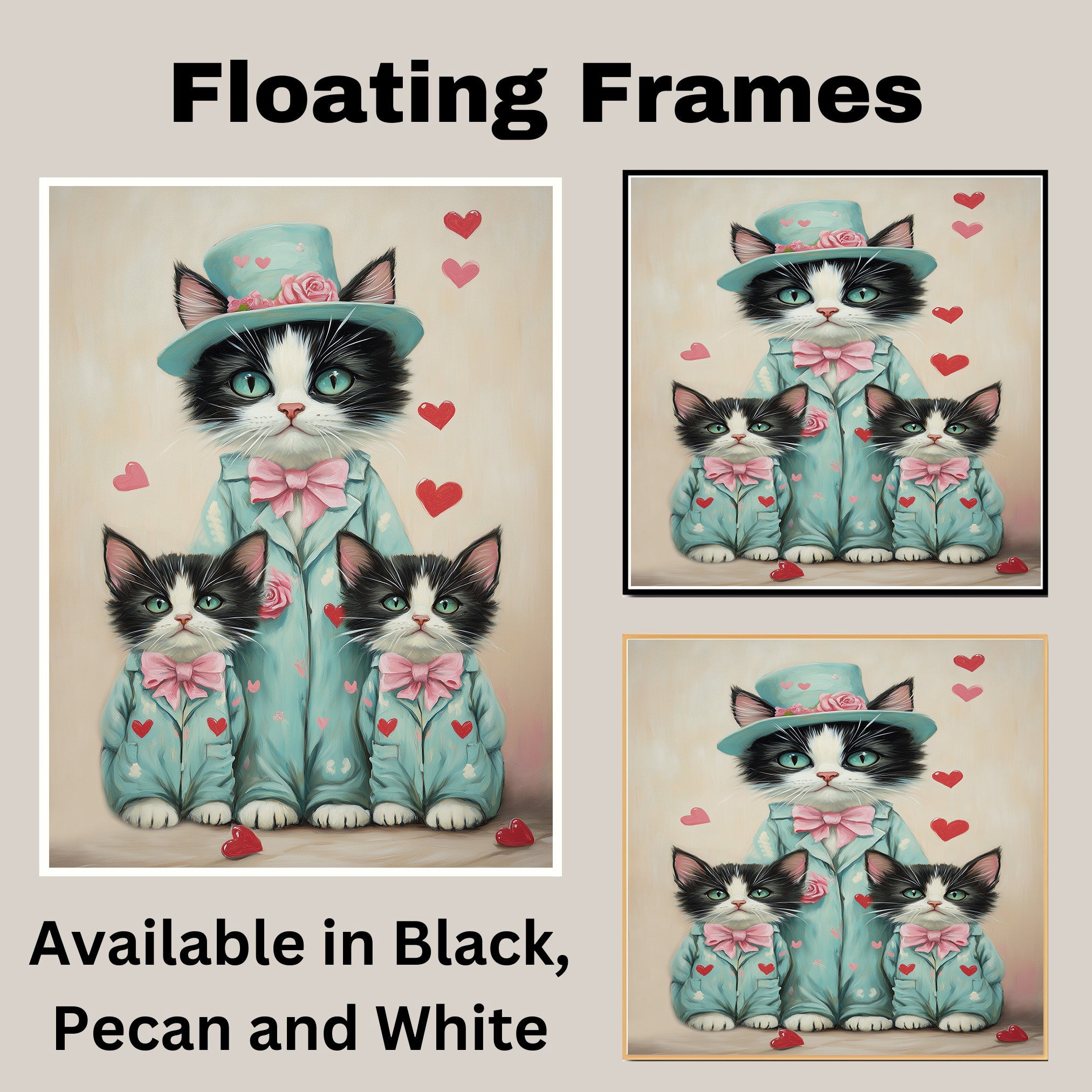 Charming Mother Cat with Kittens in Pink Floral Outfits Whimsical Tuxedo Cat Art for Nursery and Cat Lovers on Ready to Hang 1.5" Thick Canvas Wrap, Floating Framed Canvas, Flat Rolled Canvas