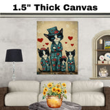 Charming Oil Painting of Mother Cat and Kittens in Blue Outfits with Red Bows and Roses on Cream Background for Cat Art Lovers on Ready to Hang 1.5" Thick Canvas Wrap, Floating Framed Canvas, Flat Rolled Canvas