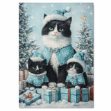 Tuxedo Cat Family in Light Pink Pajamas and Hats Surrounded by Christmas Gifts and Trees in a Heartwarming Winter Scene Full of Holiday Joy