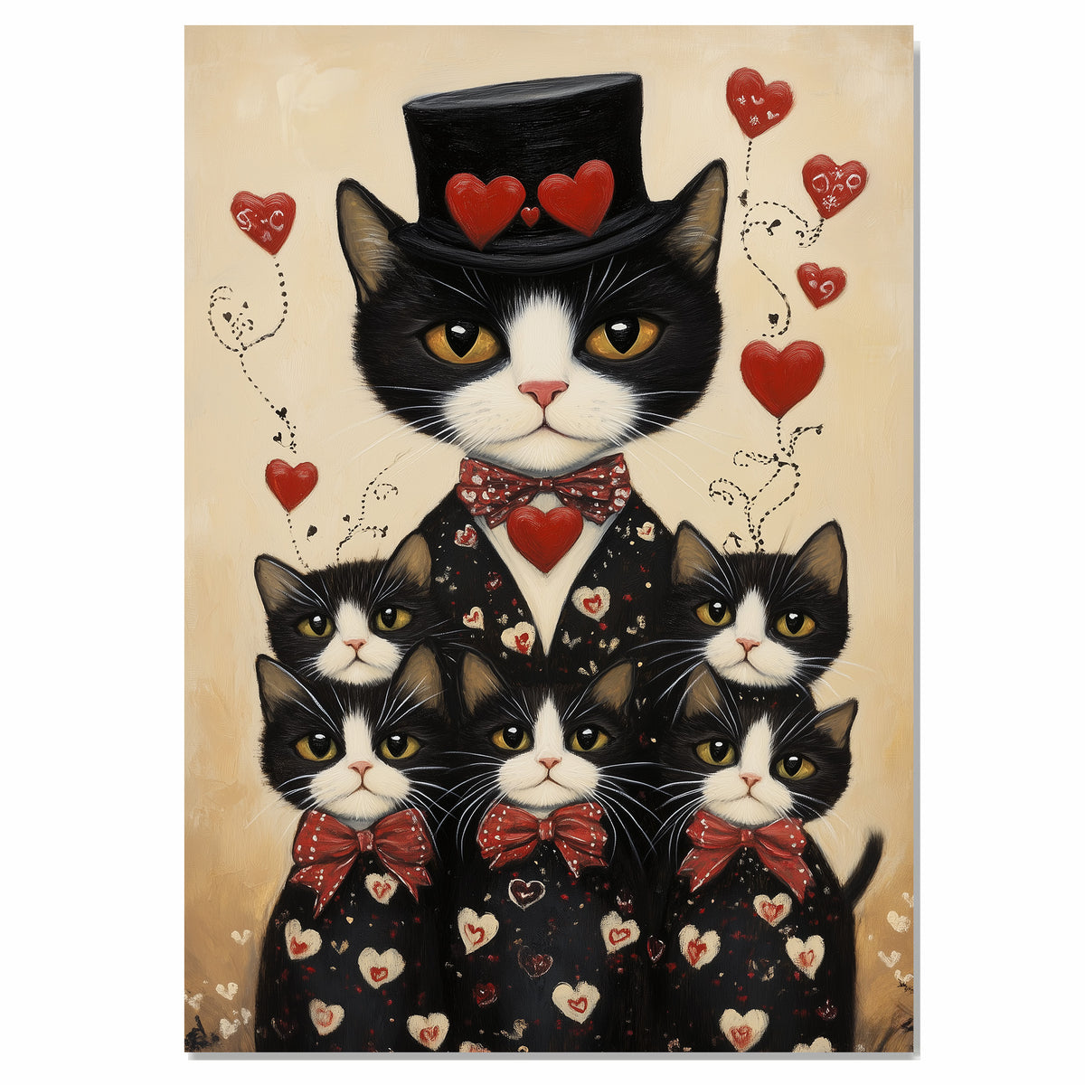 Mother Tuxedo Cat and Kittens in Yellow Heart Pajamas Black and White Cat Family Artwork for Cat Lovers on Ready to Hang 1.5" Thick Canvas Wrap, Floating Framed Canvas, Flat Rolled Canvas
