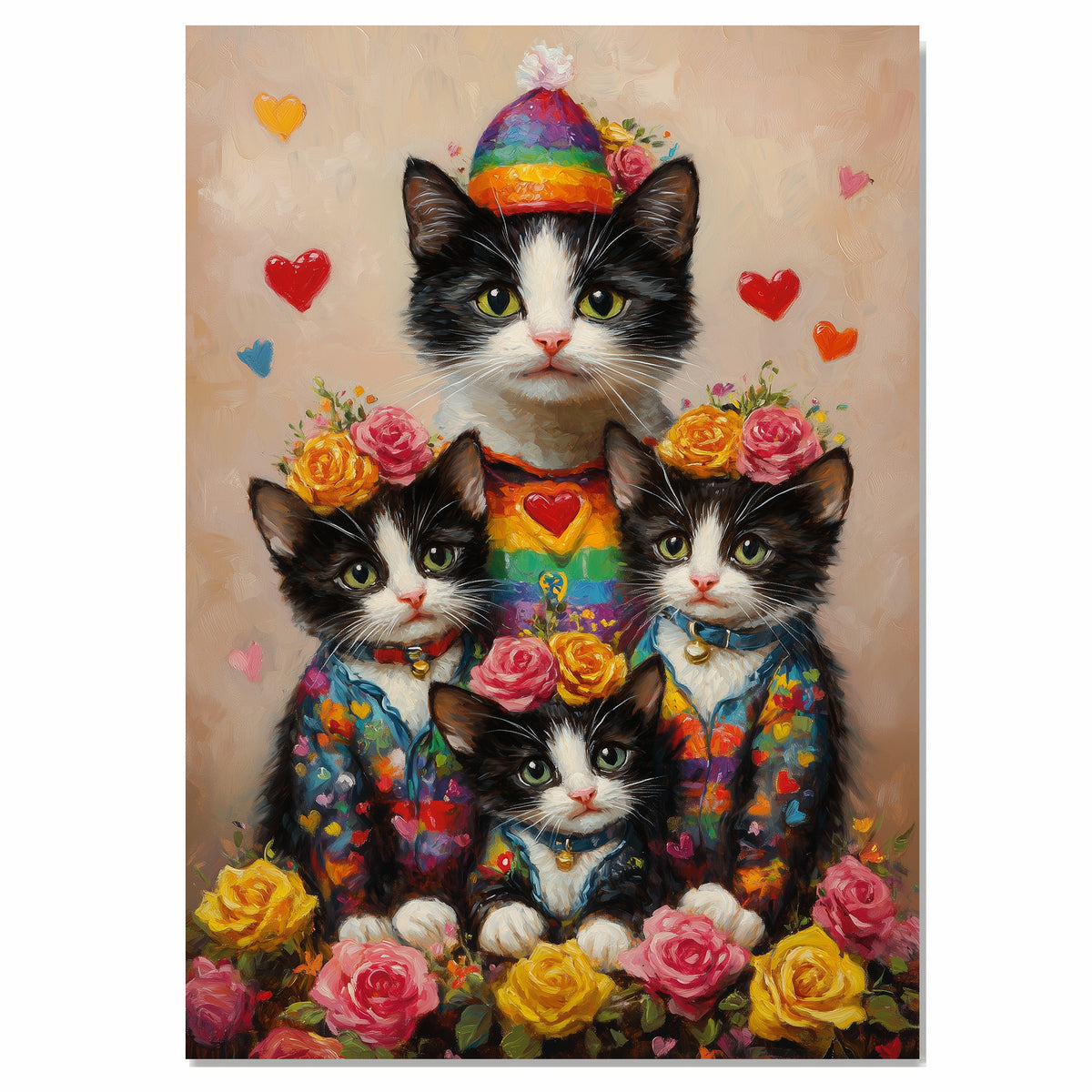 Mother Cat and Kittens in Black Outfits with Red and Pink Hearts Whimsical Black and White Tuxedo Cat Family Portrait with Roses on Ready to Hang 1.5" Thick Canvas Wrap, Floating Framed Canvas, Flat Rolled Canvas