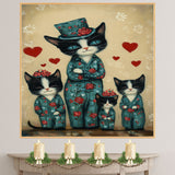 Charming Oil Painting of Mother Cat and Kittens in Blue Outfits with Red Bows and Roses on Cream Background for Cat Art Lovers on Ready to Hang 1.5" Thick Canvas Wrap, Floating Framed Canvas, Flat Rolled Canvas