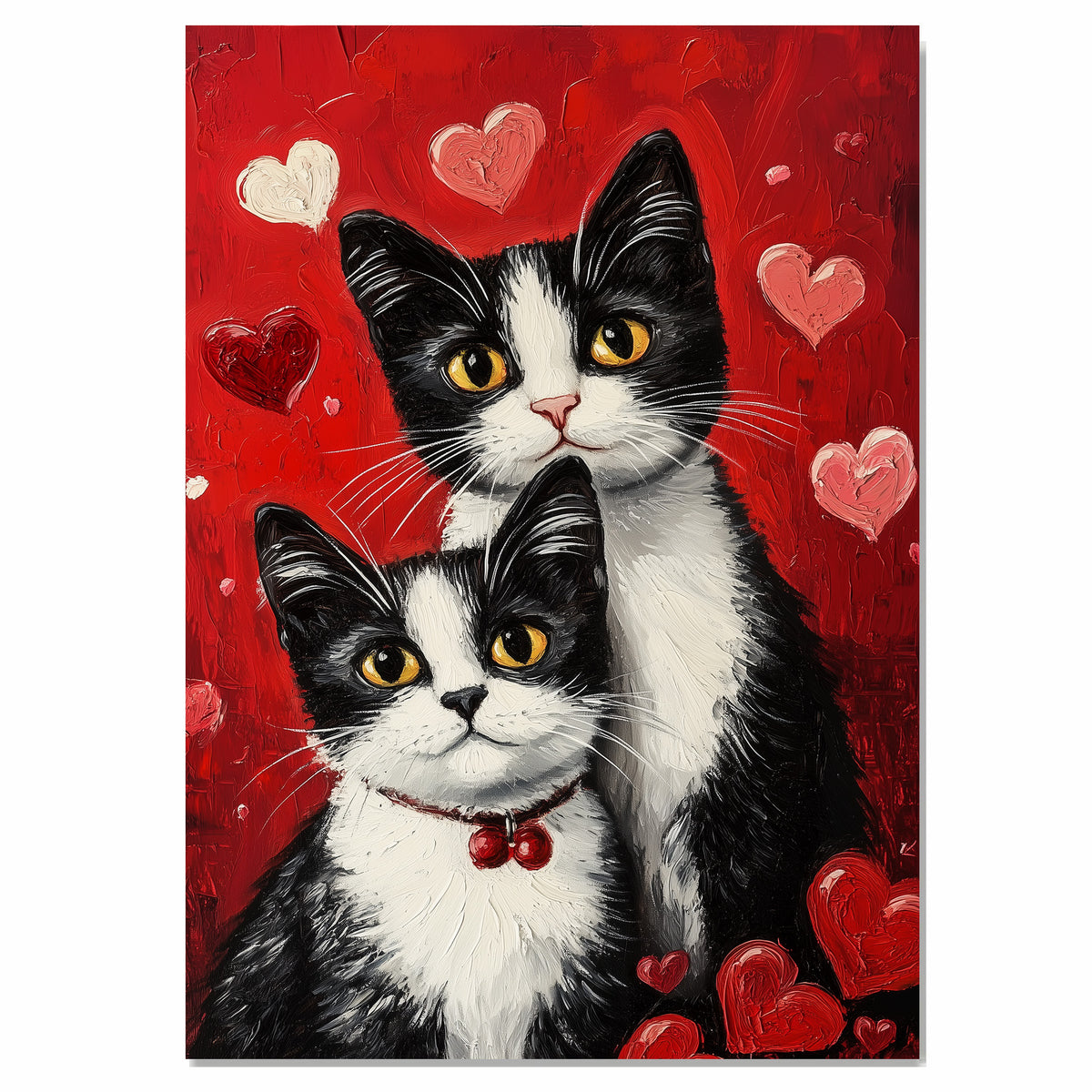 Mother Tuxedo Cat and Kittens in Heart Pajamas Romantic Black and White Cat Family Painting with Roses on Ready to Hang 1.5" Thick Canvas Wrap, Floating Framed Canvas, Flat Rolled Canvas