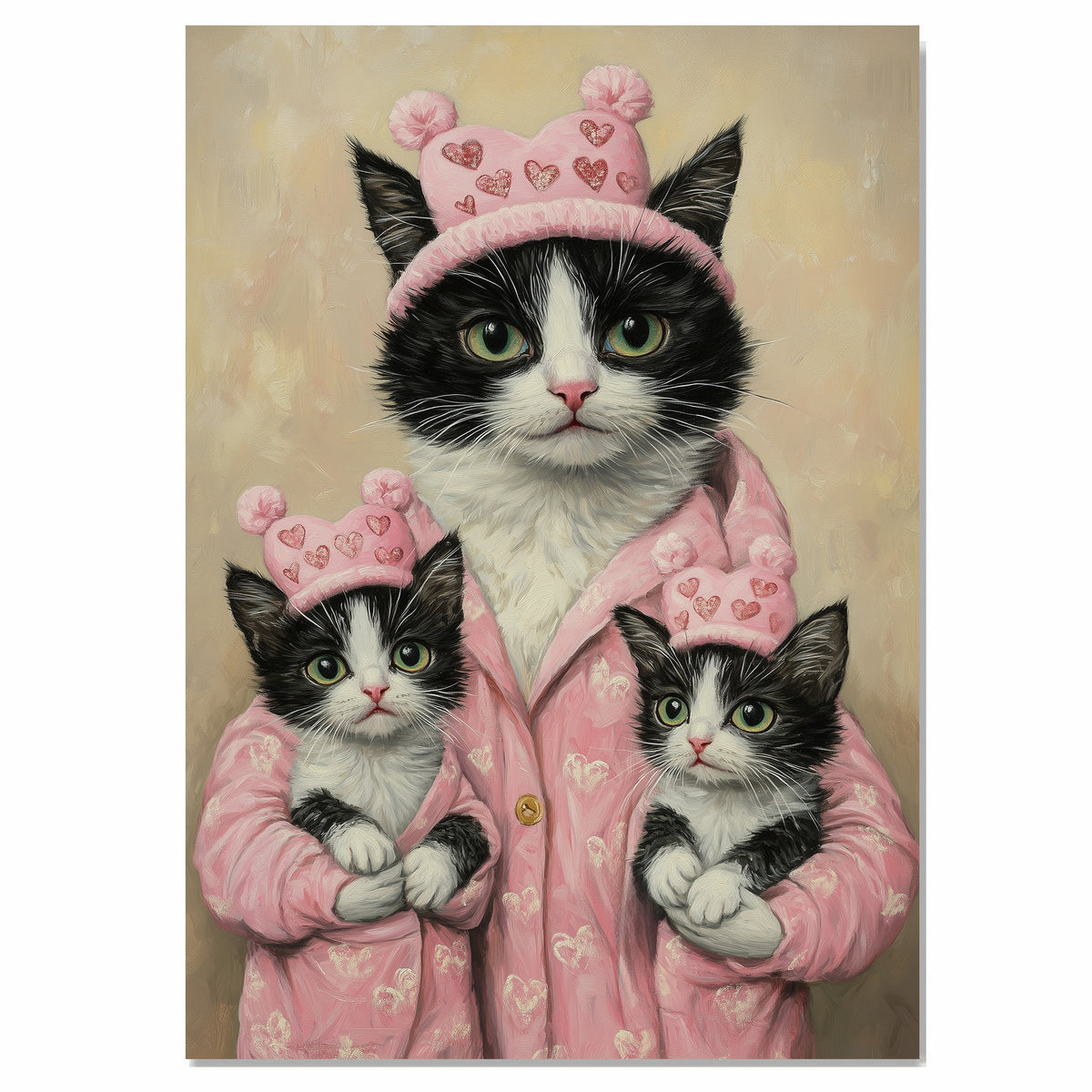 Mother Cat and Kittens in Pink Heart Pajamas Tuxedo Cat Family Artwork for Valentine's Day Decor and Cat Lovers Gifts on Ready to Hang 1.5" Thick Canvas Wrap, Floating Framed Canvas, Flat Rolled Canvas