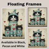 Elegant Oil Painting of Mother Texudo Cat and Kittens in Purple Outfits with Roses Hearts and Bows on Beige Background for Cat Lovers on Ready to Hang 1.5" Thick Canvas Wrap, Floating Framed Canvas, Flat Rolled Canvas