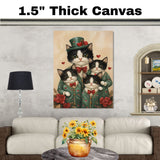 Playful Oil Painting of Texudo Cat Family in Personalized Green Heart Pajamas with Beanies on Beige Background for Pet Lovers and Cat Fans on Ready to Hang 1.5" Thick Canvas Wrap, Floating Framed Canvas, Flat Rolled Canvas