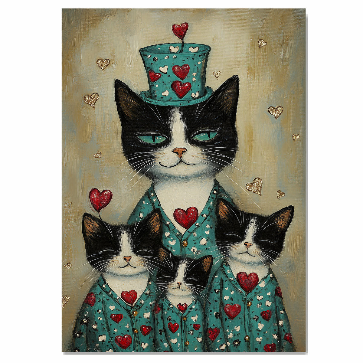 Mother Cat and Kittens in Teal Heart Outfits Charming Tuxedo Cat Family Artwork Whimsical Vintage Style for Cat Lovers on Ready to Hang 1.5" Thick Canvas Wrap, Floating Framed Canvas, Flat Rolled Canvas