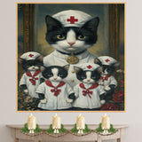 Whimsical Oil Painting of Mother Cat and Kittens in Green Outfits with Red Bows and Hearts on Beige Background for Cat Lovers on Ready to Hang 1.5" Thick Canvas Wrap, Floating Framed Canvas, Flat Rolled Canvas