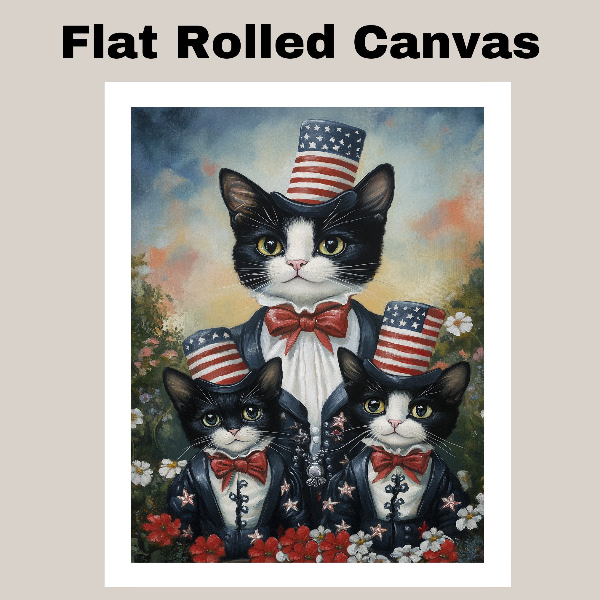 Mother Tuxedo Cat and Two Kittens in Patriotic Uncle Sam Outfits with American Flags and Red Bow Ties in Garden Setting on Ready to Hang 1.5" Thick Canvas Wrap, Floating Framed Canvas, Flat Rolled Canvas