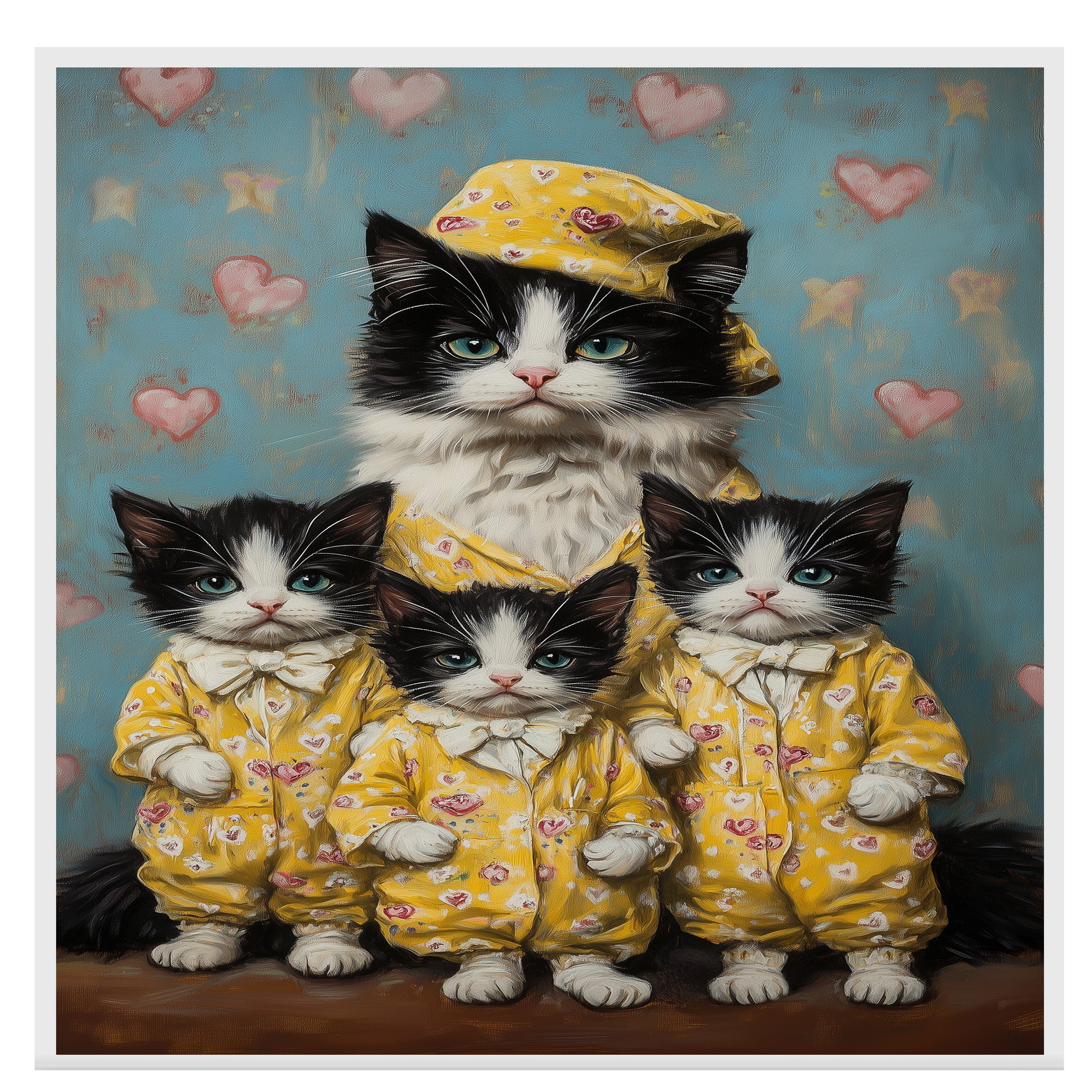 Elegant Oil Painting of Mother Cat and Kittens in Heart Outfits with Floral Hat on Warm Background for Cat Lovers and Pet Fans on Ready to Hang 1.5" Thick Canvas Wrap, Floating Framed Canvas, Flat Rolled Canvas