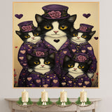 Mother Texudo Cat and Kittens in Pink Dresses with Hats Black and White Cats Surrounded by Hearts on Ready to Hang 1.5" Thick Canvas Wrap, Floating Framed Canvas, Flat Rolled Canvas