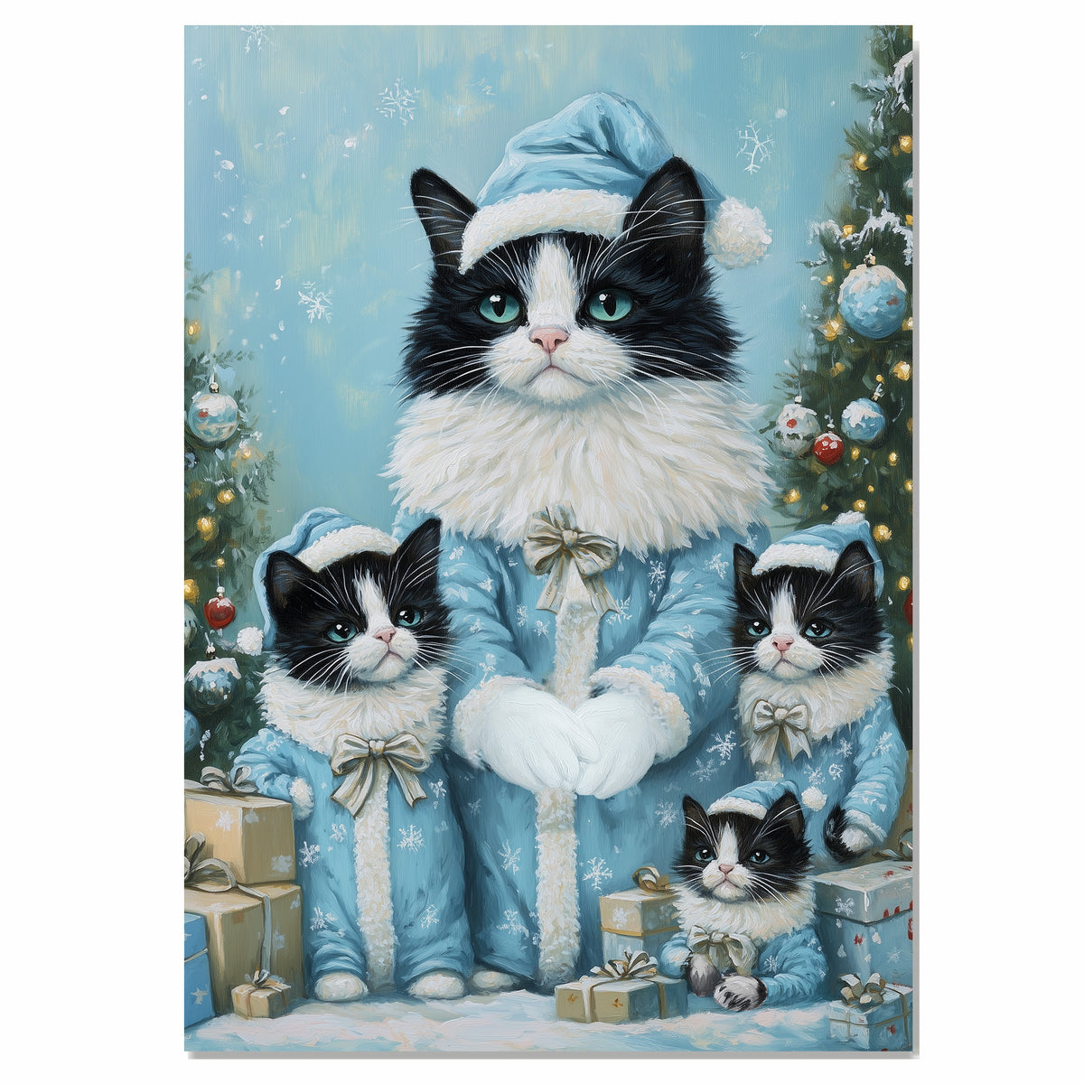 Tuxedo Cat Family in Purple Santa Outfits with Holiday Gifts and Tree Under a Starry Sky in a Magical Christmas Scene Full of Festive Wonder