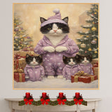Tuxedo Cat Family in Lavender Holiday Outfits Surrounded by Snowy Trees and Christmas Gifts in a Magical Winter Wonderland Scene