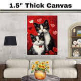 Mother Tuxedo Cat and Kittens in Heart Pajamas Romantic Black and White Cat Family Painting with Roses on Ready to Hang 1.5" Thick Canvas Wrap, Floating Framed Canvas, Flat Rolled Canvas