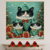 Tuxedo Cat Family in Green Holiday Outfits with Red Bows Surrounded by Christmas Trees and Gifts in a Charming Winter Festive Scene