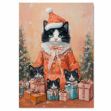 Tuxedo Cat Family in Lavender Pajamas Surrounded by Gifts and Christmas Trees in a Cozy Winter Scene with a Warm Holiday Atmosphere