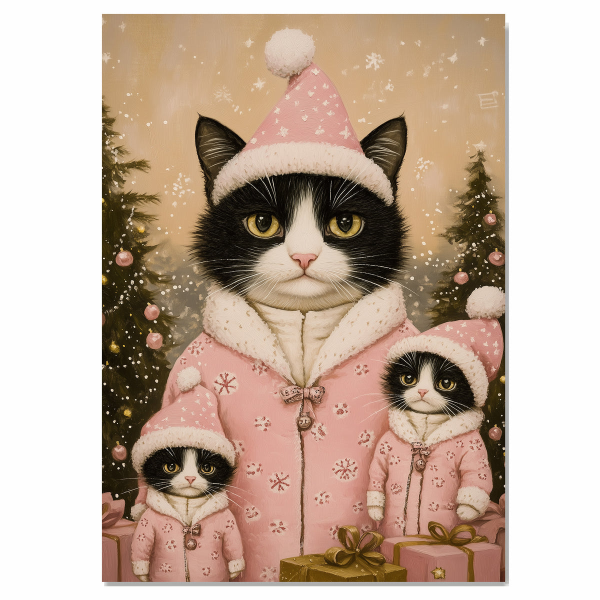 Tuxedo Cat Family in Blue Snowflake Outfits with Presents and Snowy Trees in a Magical Winter Scene Filled with Christmas Cheer and Charm