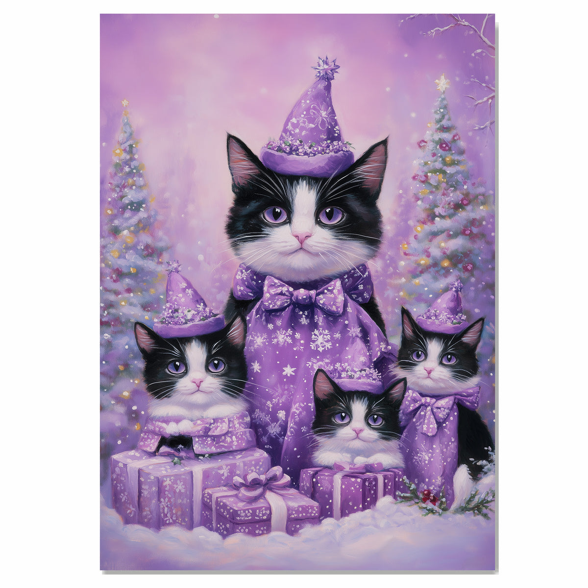 Tuxedo Cat Family in Orange Santa Outfits Surrounded by Gifts and Trees in a Warm Whimsical Christmas Scene Full of Holiday Spirit and Charm