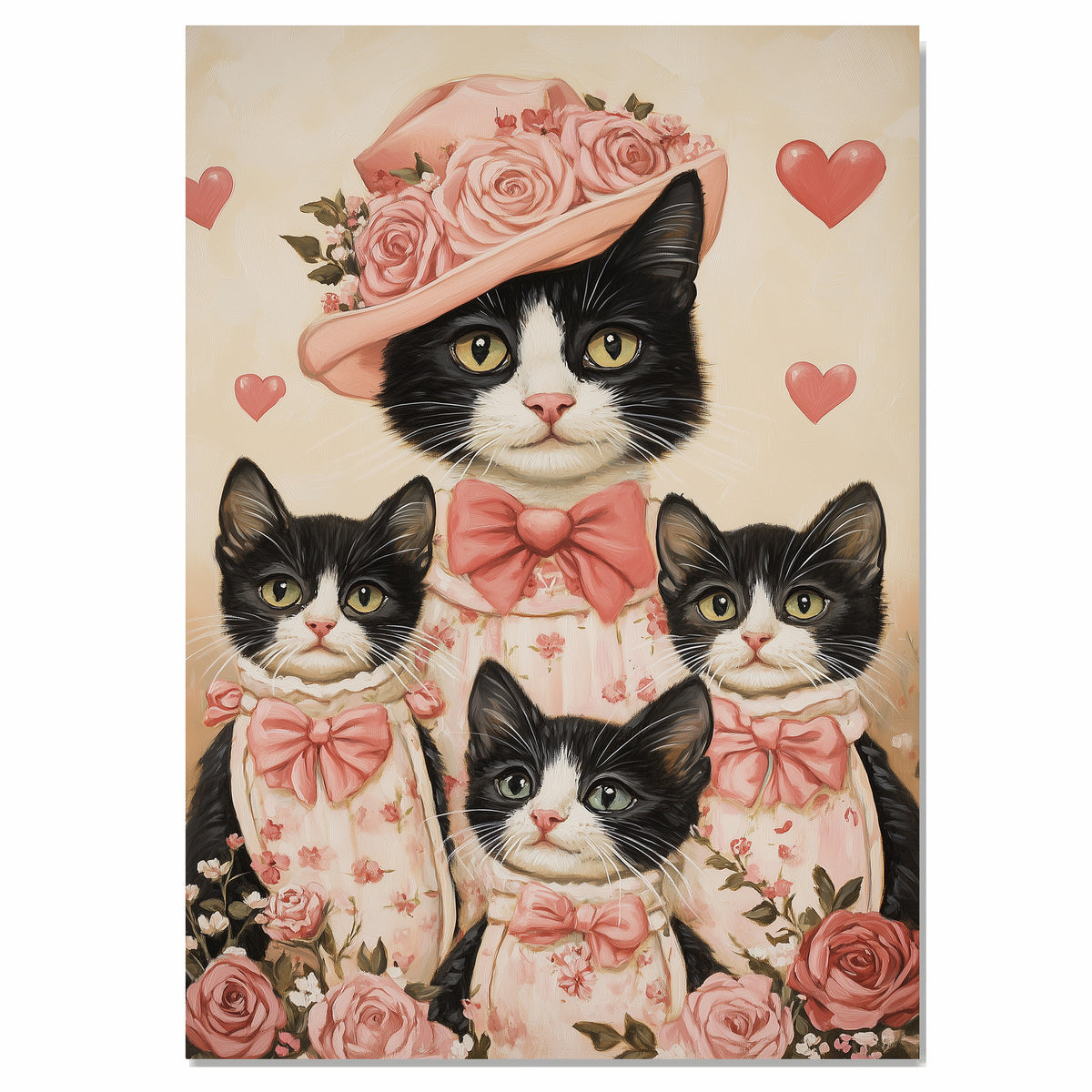 Charming Tuxedo Cats Portrait with Hearts Romantic Black and White Kittens Artwork for Cat Lovers Gift on Ready to Hang 1.5" Thick Canvas Wrap, Floating Framed Canvas, Flat Rolled Canvas