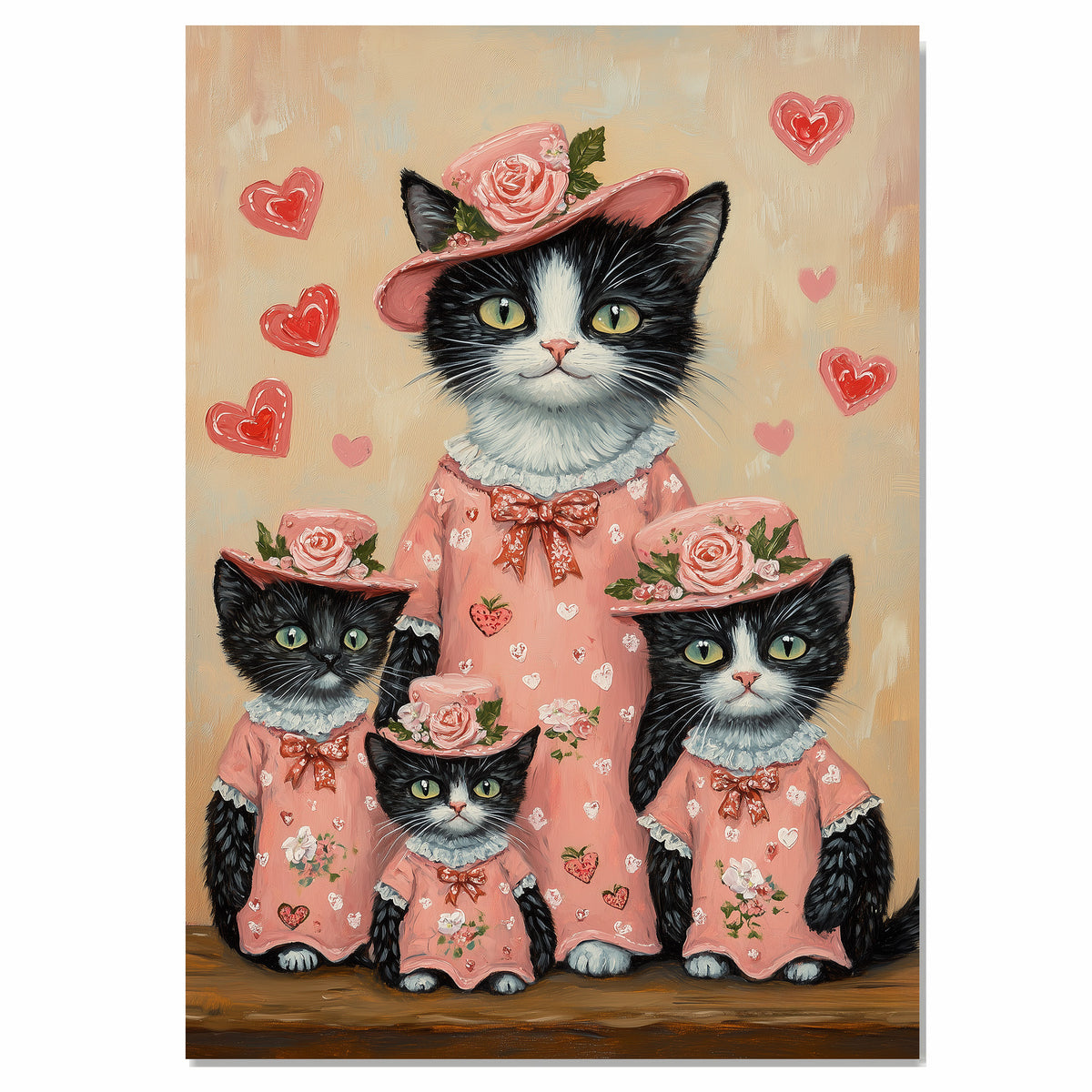 Sweet Oil Painting of Mother Texudo Cat and Sleeping Kittens in Pink Pajamas with Hearts and Roses on Soft Beige Background for Cat Lovers on Ready to Hang 1.5" Thick Canvas Wrap, Floating Framed Canvas, Flat Rolled Canvas