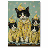 Mother Cat and Kittens in Yellow Pajamas Charming Tuxedo Cat Family Artwork Whimsical Cozy Painting for Cat Lovers and Nurseries on Ready to Hang 1.5" Thick Canvas Wrap, Floating Framed Canvas, Flat Rolled Canvas