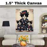Mother Cat and Kittens in Elegant Navy Dresses with Red Hearts and Roses Whimsical Black and White Tuxedo Cat Family Portrait on Ready to Hang 1.5" Thick Canvas Wrap, Floating Framed Canvas, Flat Rolled Canvas
