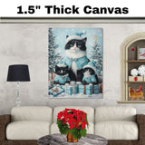 Tuxedo Cat Family in Light Pink Pajamas and Hats Surrounded by Christmas Gifts and Trees in a Heartwarming Winter Scene Full of Holiday Joy