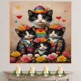 Mother Cat and Kittens in Black Outfits with Red and Pink Hearts Whimsical Black and White Tuxedo Cat Family Portrait with Roses on Ready to Hang 1.5" Thick Canvas Wrap, Floating Framed Canvas, Flat Rolled Canvas