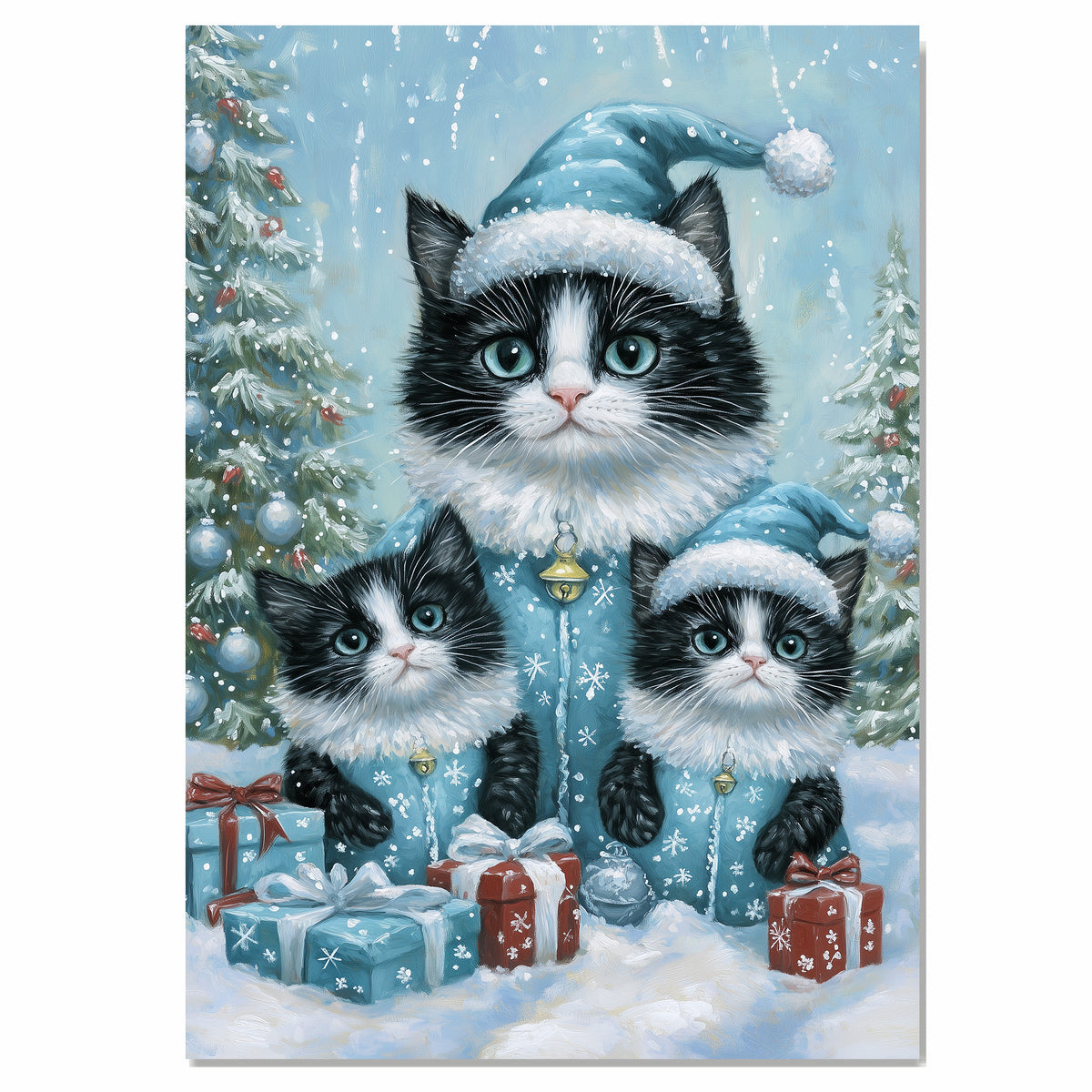 Tuxedo Cat Family in Pink Winter Coats and Hats Surrounded by Christmas Trees and Gifts in a Cozy Holiday Scene with Snowflakes and Warm Charm