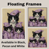 Tuxedo Cat Family in Blue Santa Outfits Surrounded by Snowy Trees and Gifts in a Magical Winter Wonderland Scene Full of Holiday Cheer