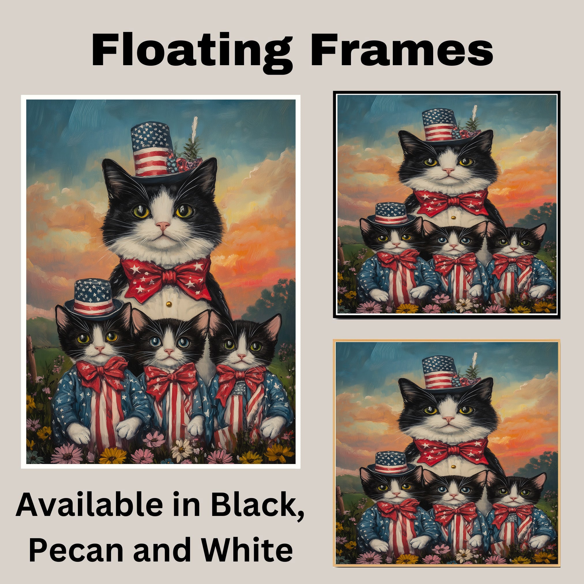 Mother Black and White Tuxedo Cat with Three Kittens in Patriotic Outfits and Hats in a Sunset Flower Field Scene on Ready to Hang 1.5" Thick Canvas Wrap, Floating Framed Canvas, Flat Rolled Canvas