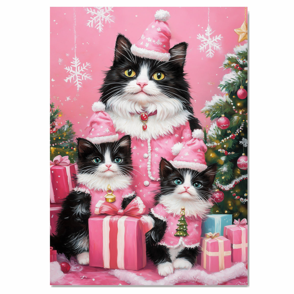 Tuxedo Cat Family in Sparkling Purple Outfits Surrounded by Christmas Trees and Gifts in a Magical Winter Wonderland Holiday Scene