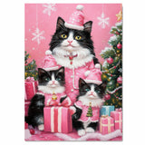 Tuxedo Cat Family in Sparkling Purple Outfits Surrounded by Christmas Trees and Gifts in a Magical Winter Wonderland Holiday Scene