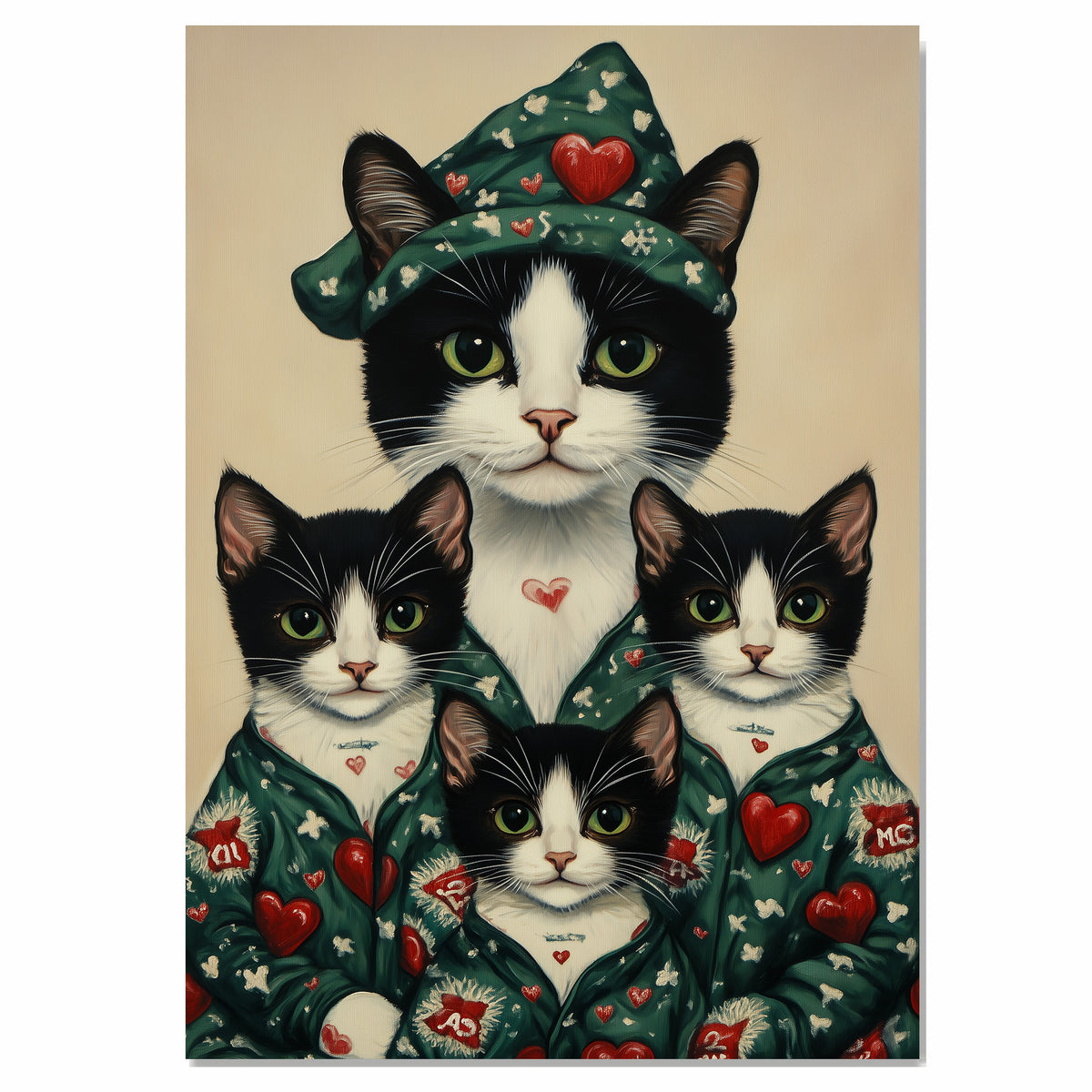Romantic Tuxedo Cats with Heart Background Red and White Love Themed Artwork for Cat Lovers and Valentine's Decor on Ready to Hang 1.5" Thick Canvas Wrap, Floating Framed Canvas, Flat Rolled Canvas