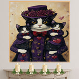 Stylish Oil Painting of Mother Texudo Cat and Kittens in Navy Heart Outfits with Red Roses and Hat on Beige Background for Cat Lovers on Ready to Hang 1.5" Thick Canvas Wrap, Floating Framed Canvas, Flat Rolled Canvas