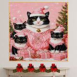 Tuxedo Cat Family in Pink Santa Hats Surrounded by Gifts and Ornaments in a Whimsical Holiday Scene Full of Snowflakes and Festive Cheer